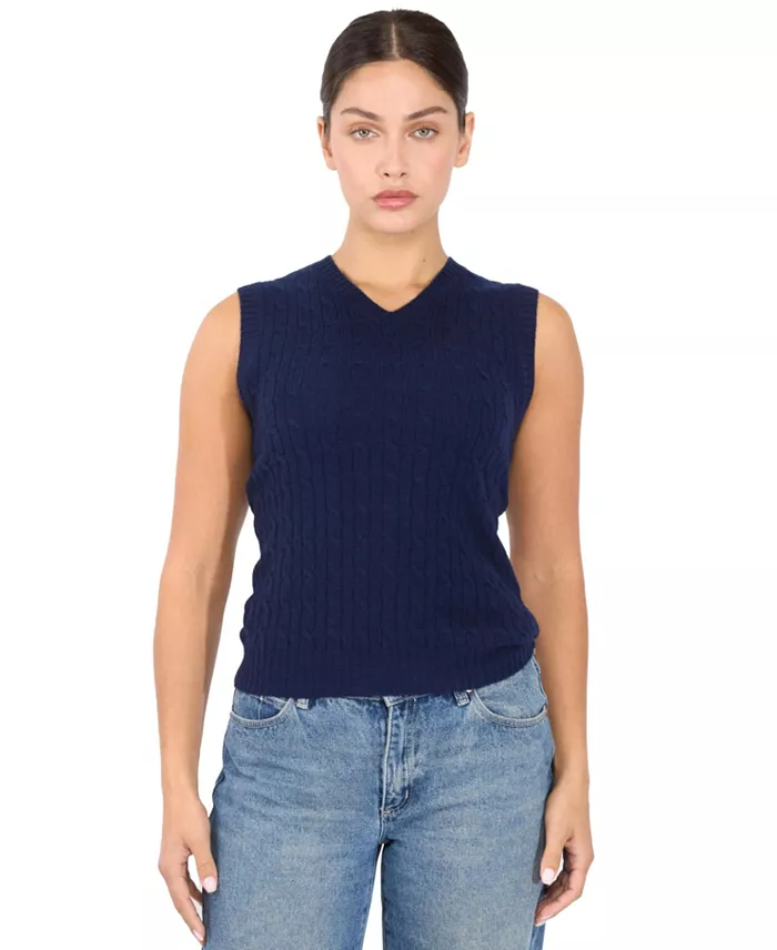 Women's 100% Cashmere V Neck Cable-knit Sweater Vest - thumbnail 7