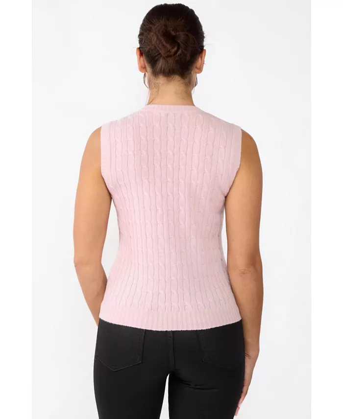 Women's 100% Cashmere V Neck Cable-knit Sweater Vest - thumbnail 3