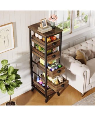 Wood Fruit and Vegetable Storage Rack, 5-Tier Narrow Snack Stand Fruit Basket Kitchen Stand, Pull-Out Utility Organizer for Kitchen