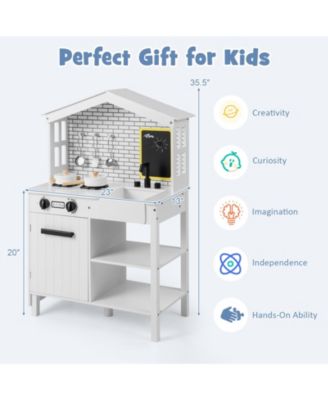 Kids Wooden Kitchen Play Set with Storage Shelves and Accessories