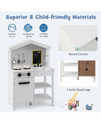 Kids Wooden Kitchen Play Set with Storage Shelves and Accessories