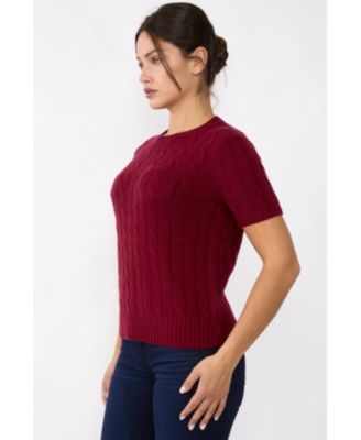Women's 70% Wool 30% Cashmere Chuncky Cable-knit Crewneck Short Sleeve Sweater