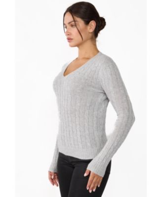 Women's 100% Cashmere Cable-knit Long Sleeve Pullover V Neck Sweater