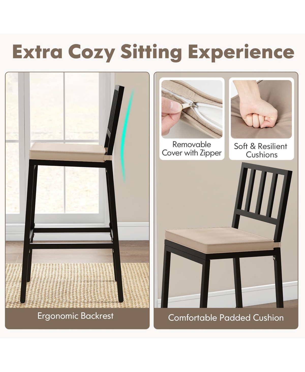 Gymax Patio Bar Chair Set of 2 Heavy Duty Metal All Weather Bar Stools w/ Backrest - Black + beige