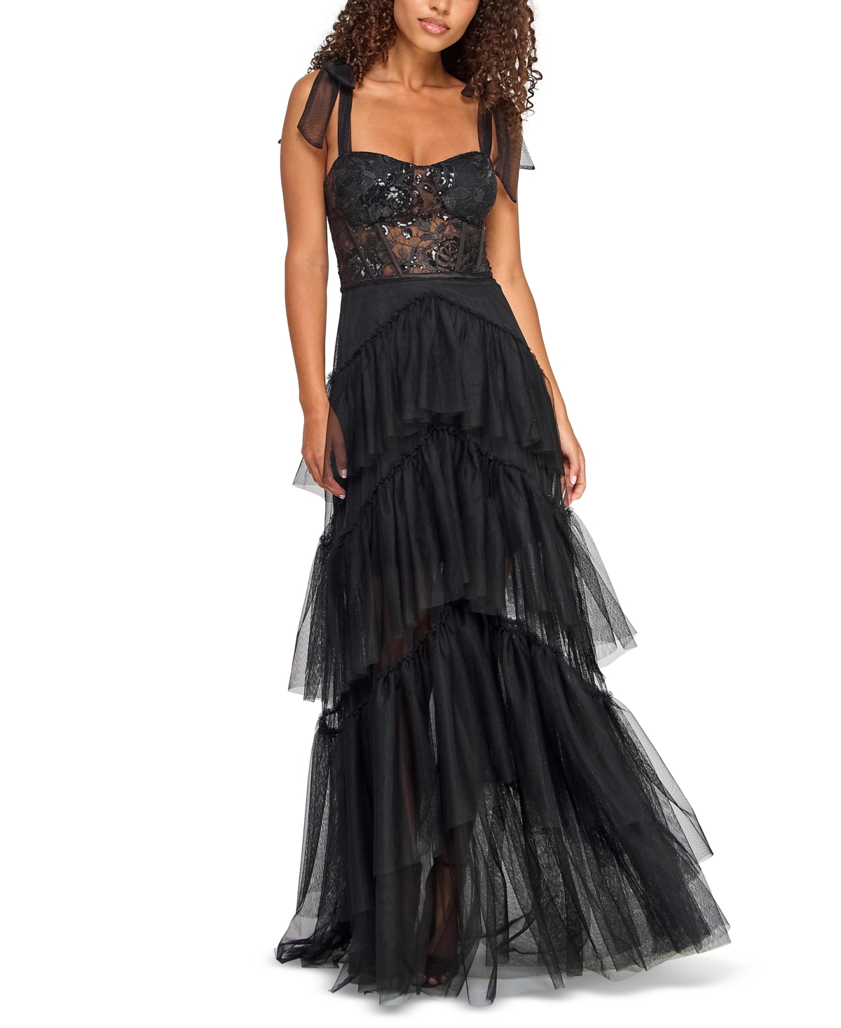 City Studios Juniors' Sequin-corset Tie Shoulder Layered-skirt Gown, Created For Macy's In Black