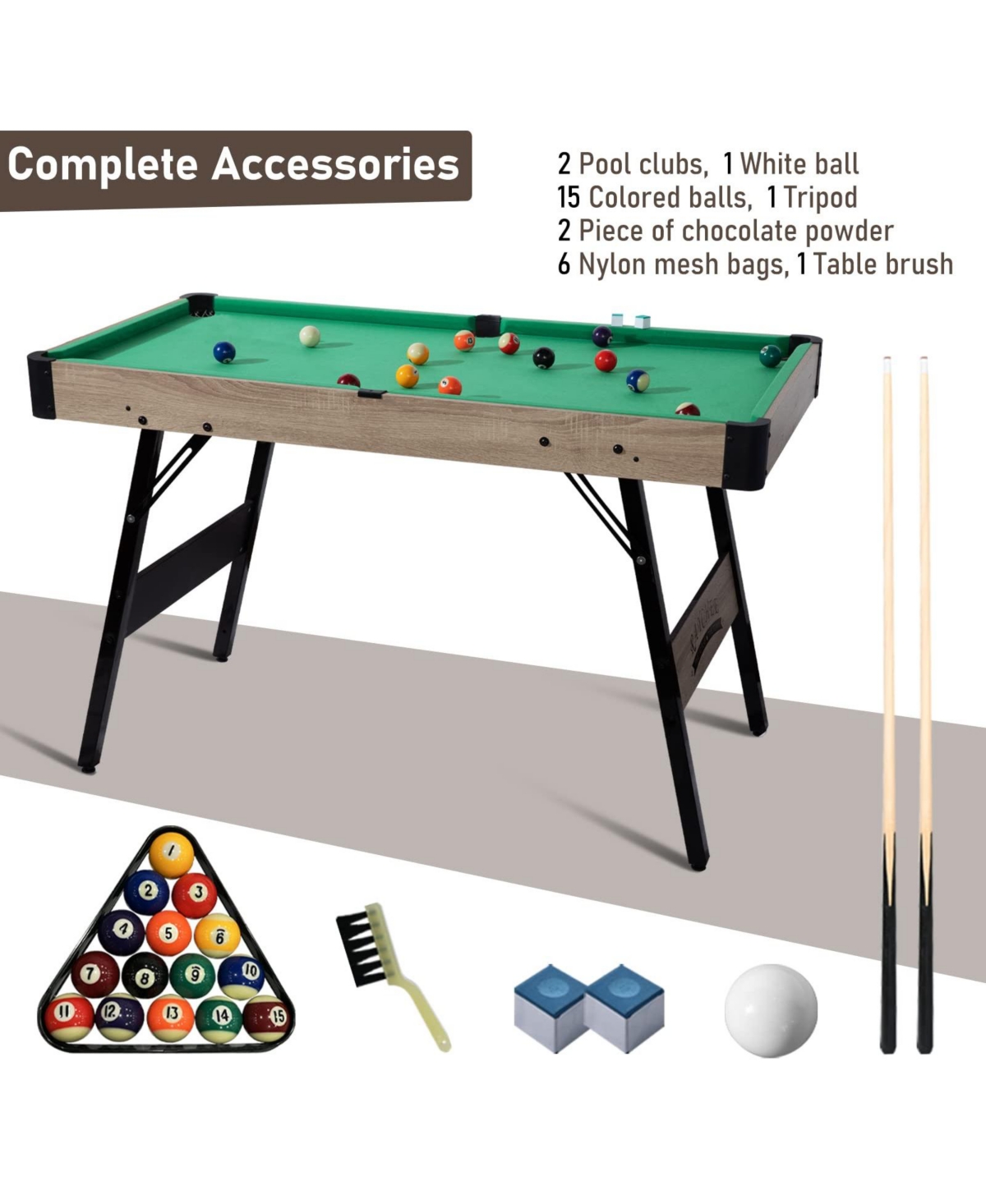 Sugift Folding Pool Table, Portable Billiard Game Tables with Locking Legs, Adjustable Feet, Balls, Cues, Triangle, Chalk, Brush