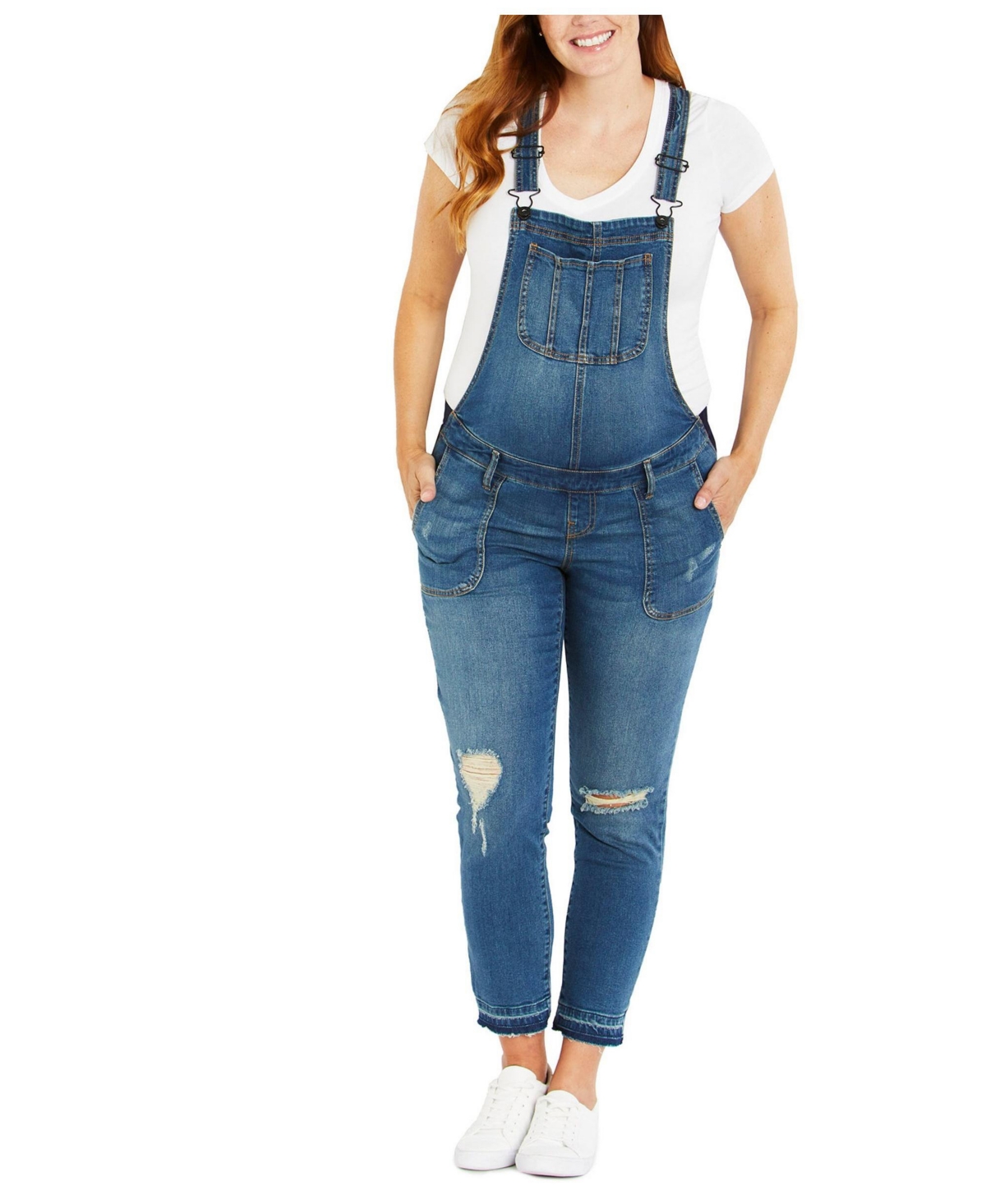 Maternity Indigo Blue Side-Panel Letdown Skinny Ankle Denim Overalls - Motherhood - Medium wash jean