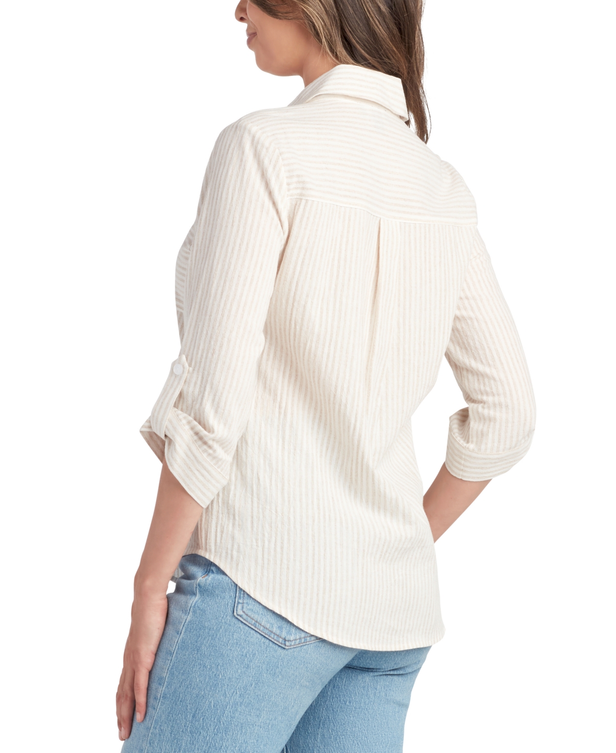 BCX JUNIORS' STRIPED COLLARED ROLL-TAB-SLEEVE SHIRT 