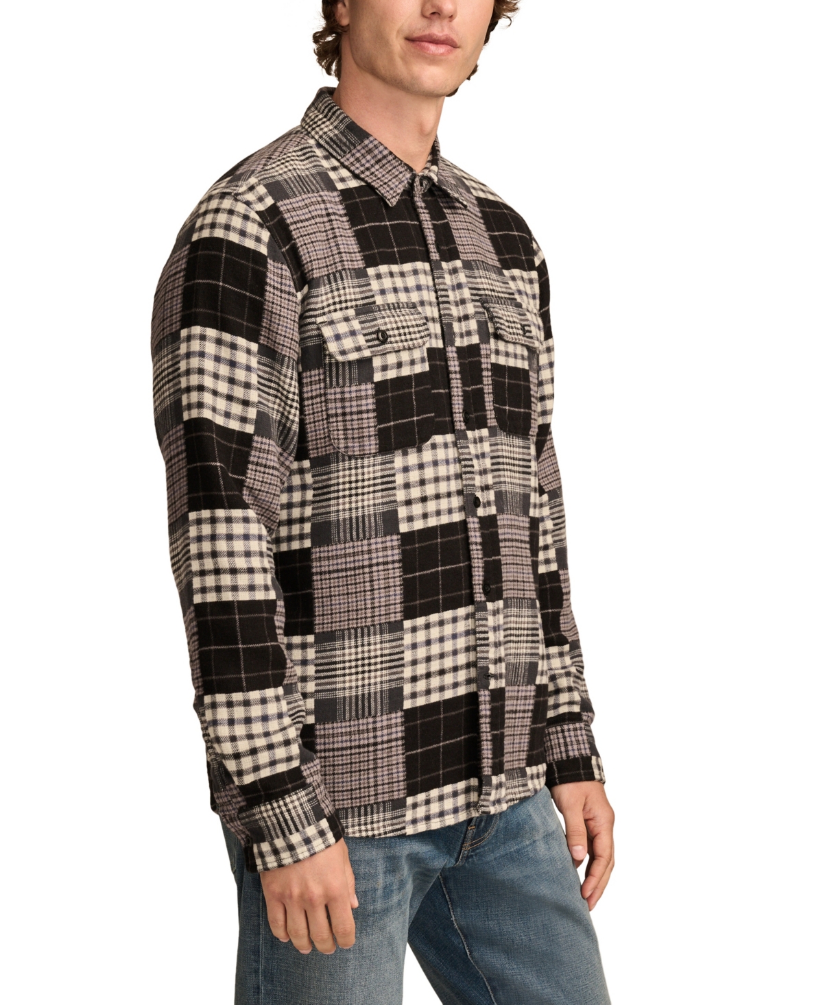 Lucky Brand Men's Jacquard Double Weave Patchwork Long Sleeve Shirt -/ White Patchwork