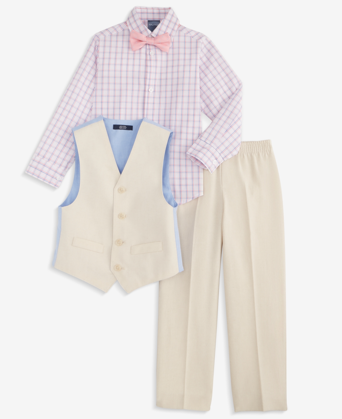 Shop Nautica Toddler & Little Boys Vest, Bow Tie, Plaid Shirt & Pants, 4 Piece Set In Khaki
