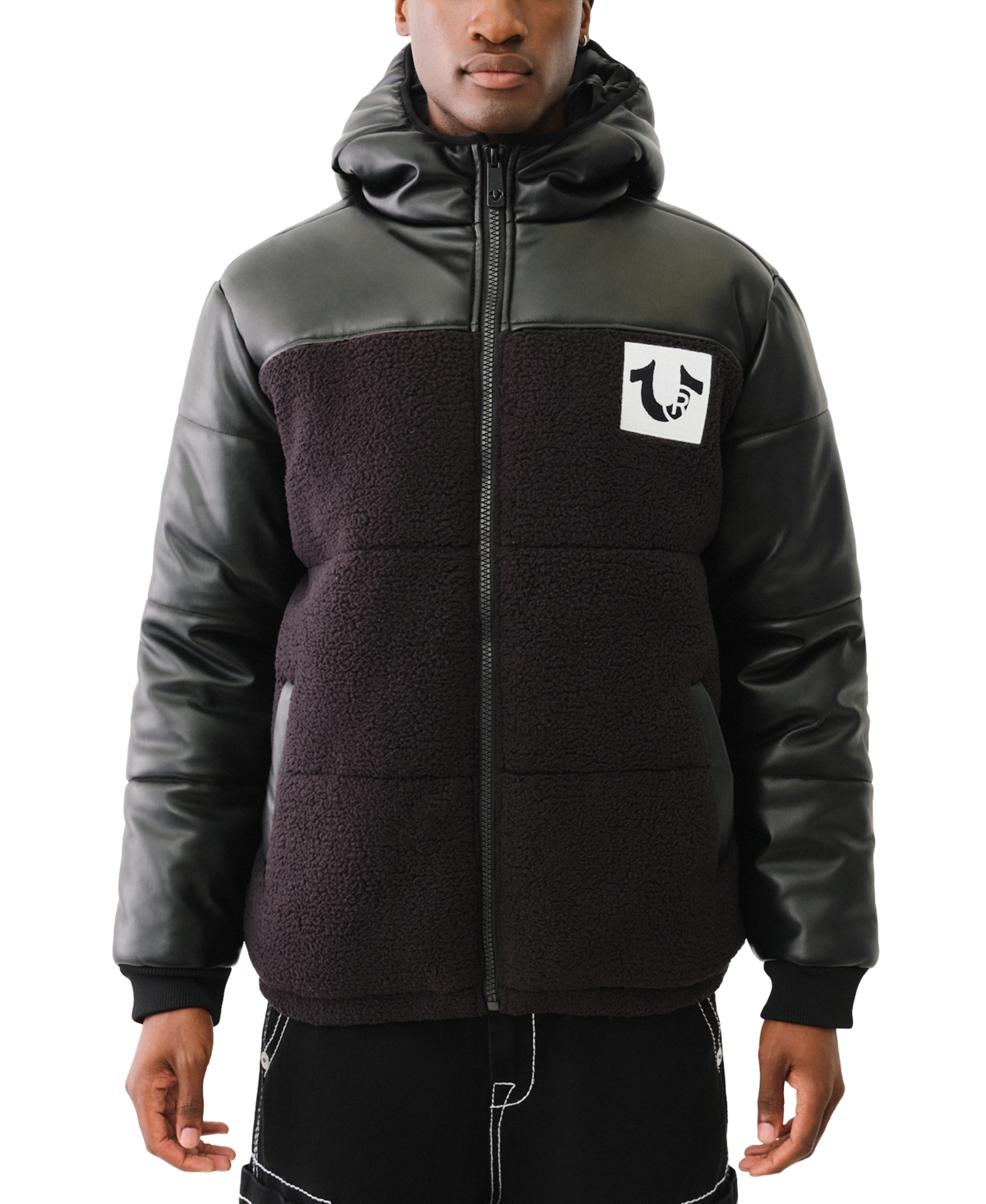 Men's Mixed Media Zip-Front Hooded Jacket - Jet Black