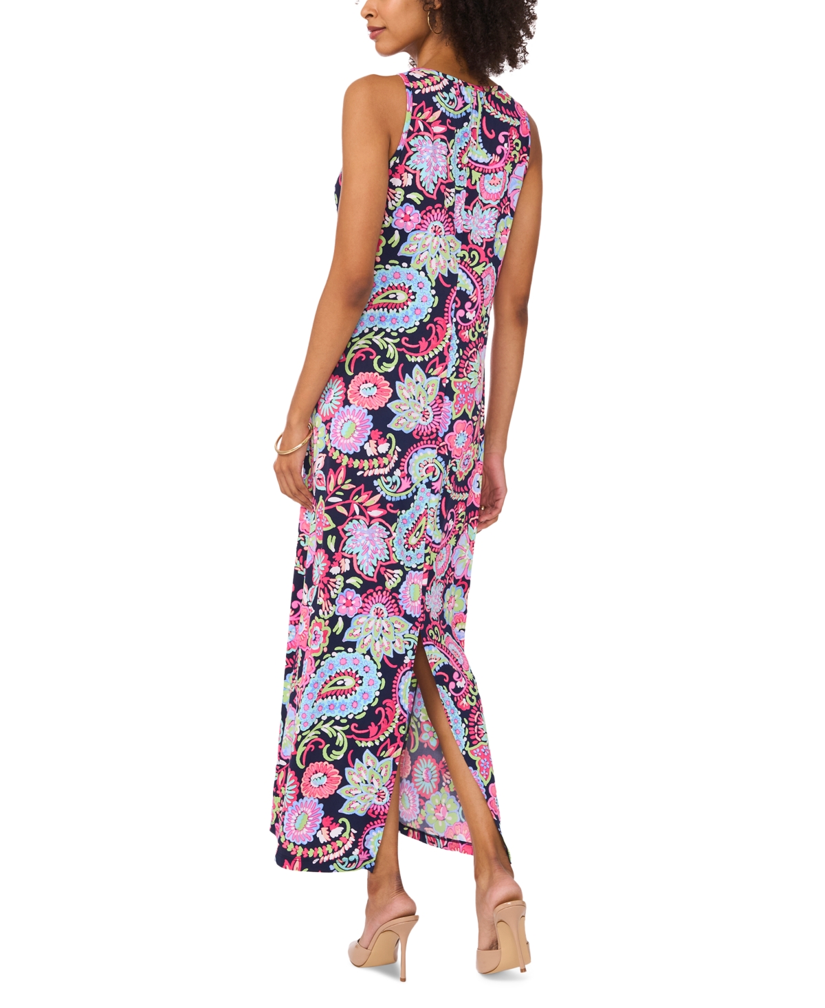 Shop Vince Camuto Women's Floral Sleeveless Keyhole-back Crewneck Maxi Dress In Classic Navy