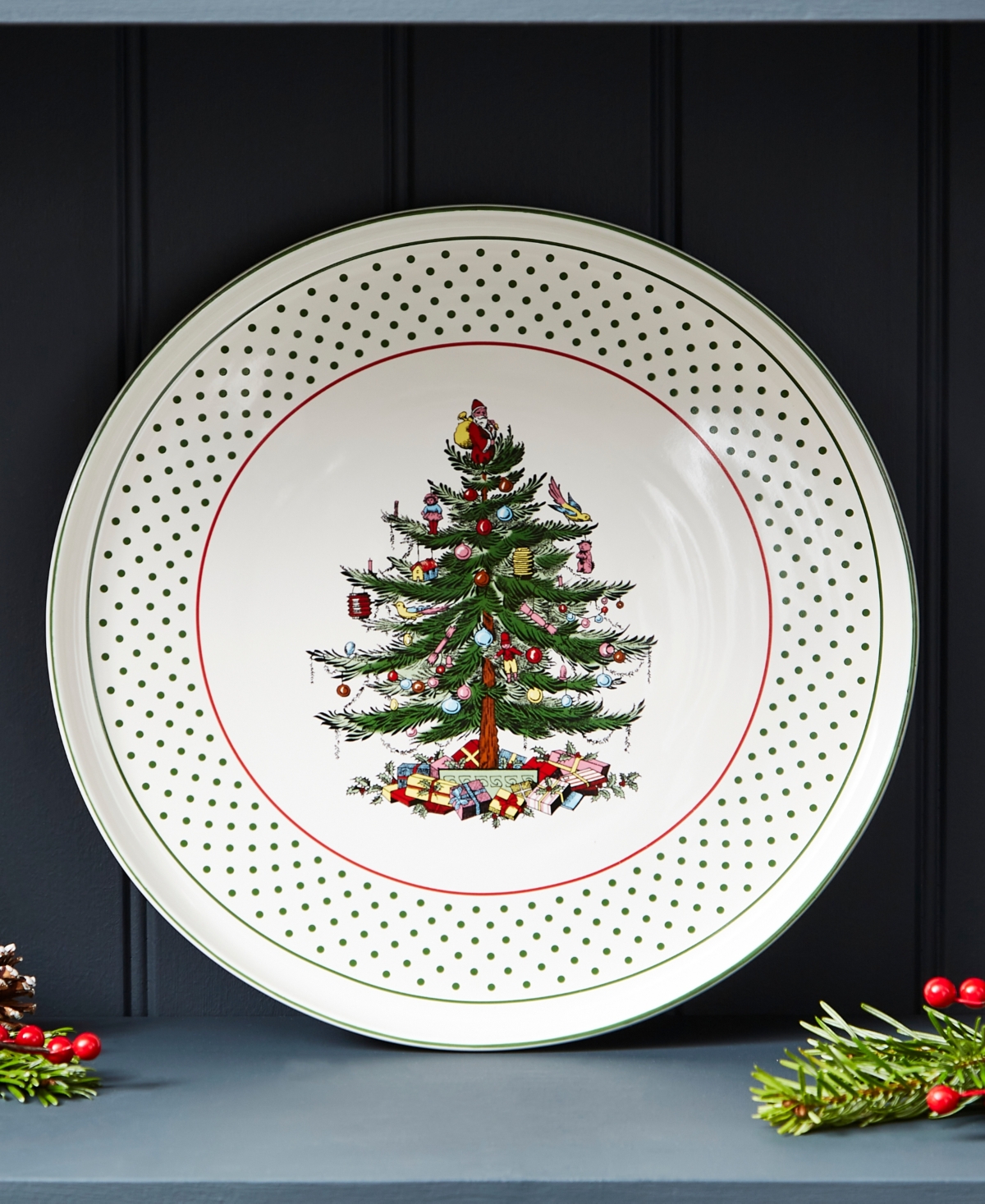 Spode Christmas Tree Polka Dot Lazy Susan Plate In Green