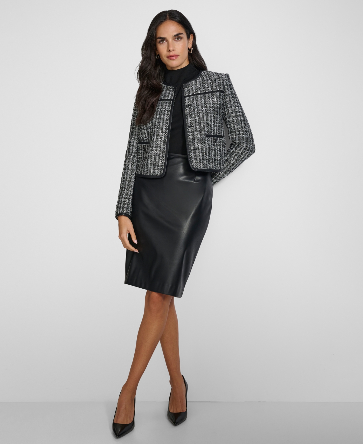 Calvin Klein Women's Faux Leather Trim Tweed Jacket