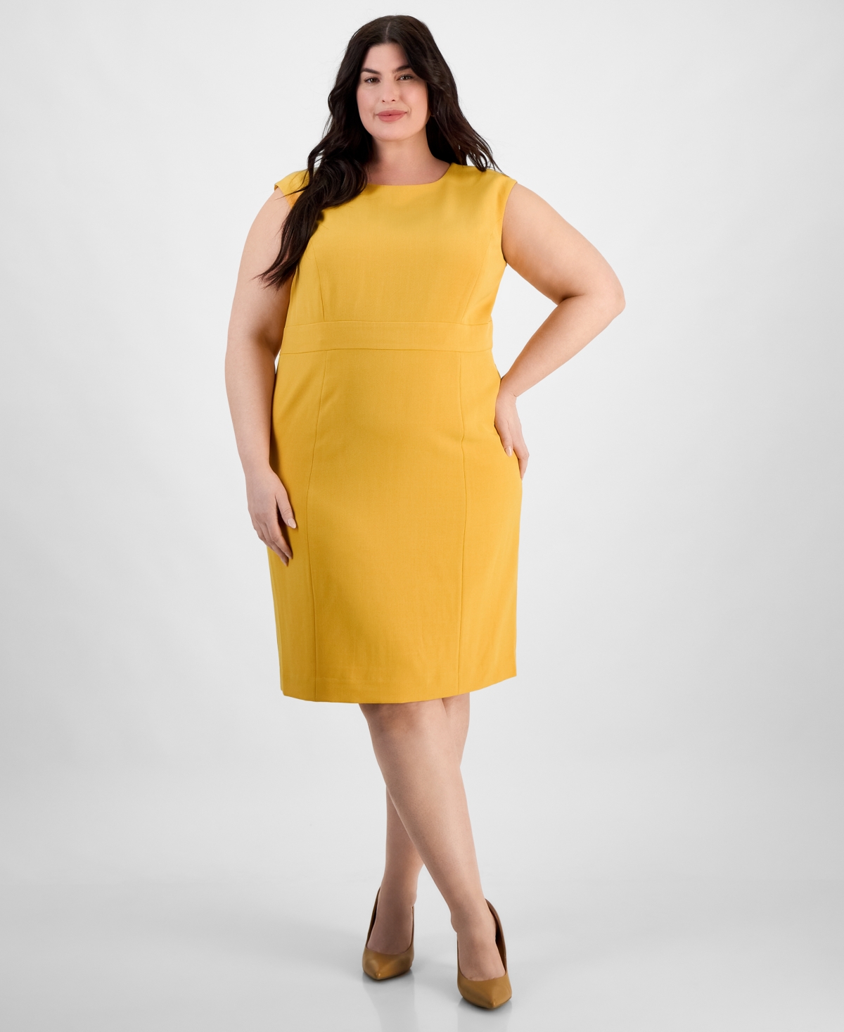 Kasper Plus Size Cap Sleeve Princess Seam Dress In Yellow