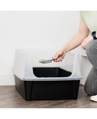 USA Extra Large Open Top Cat Litter Box with Scatter Shield, Sturdy Easy to Clean Open Air Kitty Litter Pan with Tall Spray, Black