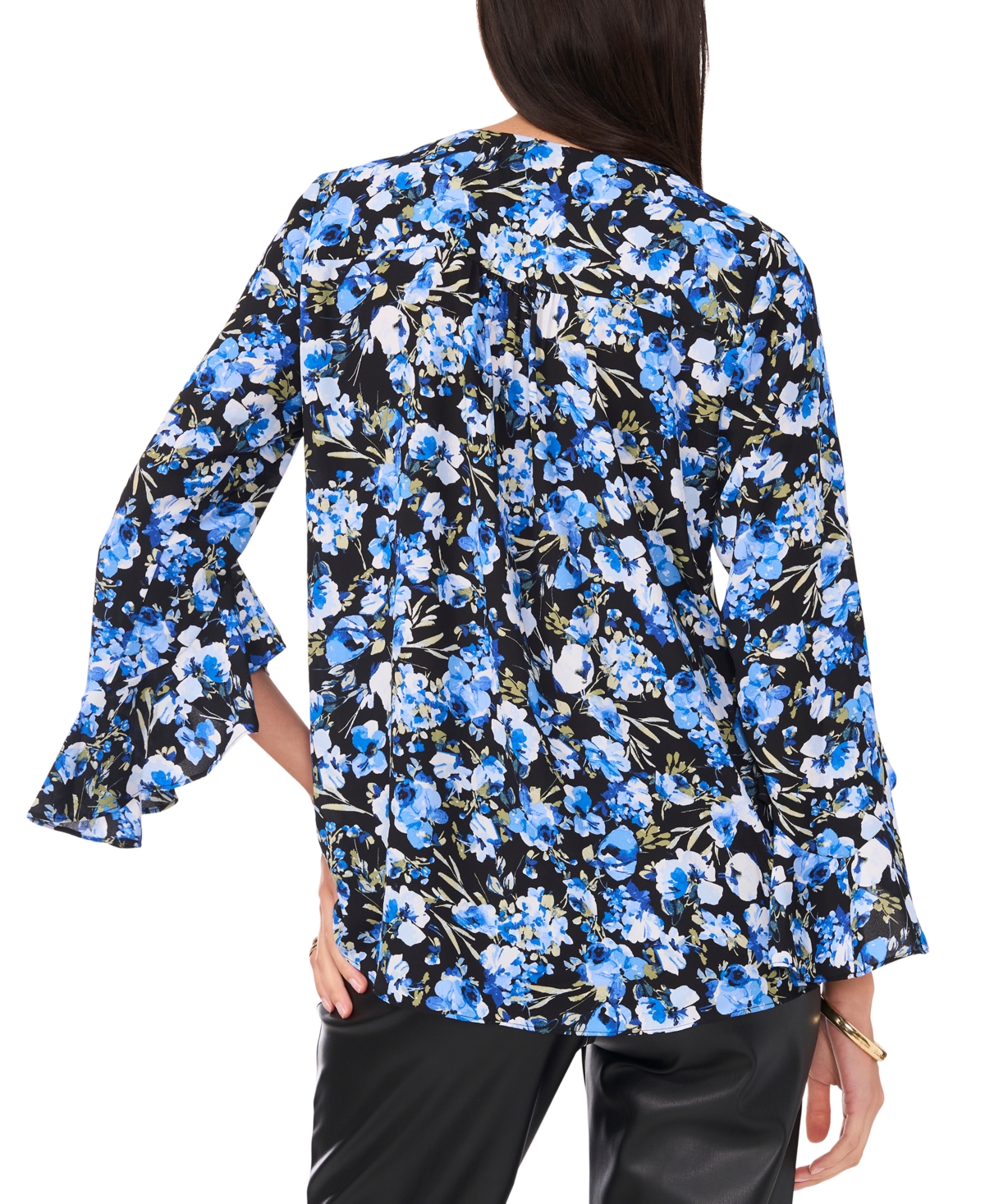 VINCE CAMUTO WOMEN'S FLORAL V-NECK 3/4-FLUTTER-SLEEVE BLOUSE 