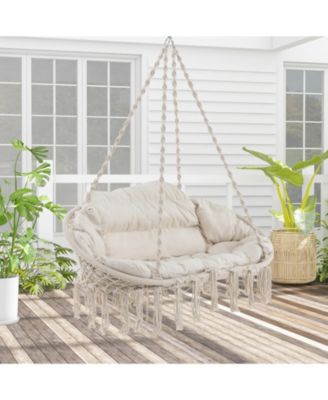 Hand-Woven Rope Hanging Chair with Thick Cushion and Folding Metal Frame