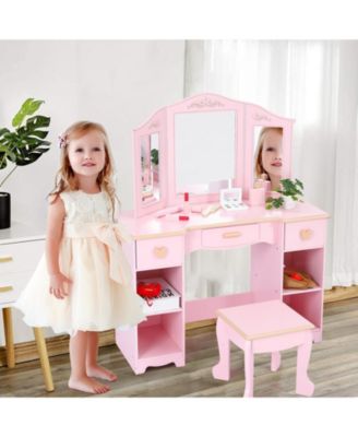 1Pc Tri-Fold Mirror, 3 Drawers, 2-Tier Shelves, Stool, Vintage Style, Pretend Play Kids Vanity Set