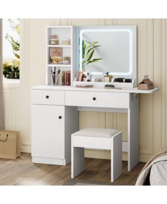 Vanity Desk with LED Lighted Mirror & Power Outlet, Makeup Vanity with Drawers & Cabinet & Chair