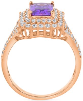 Purple & White Cubic Zirconia Double Halo Statement Ring in 14k Rose Gold-Plated Sterling Silver