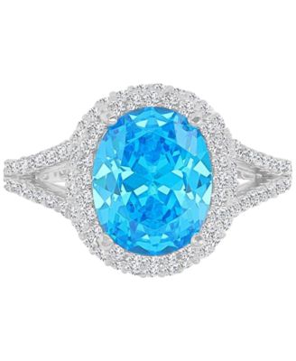 Pink & White Cubic Zirconia Oval Halo Split Shank Ring in Sterling Silver (Also available in Blue)