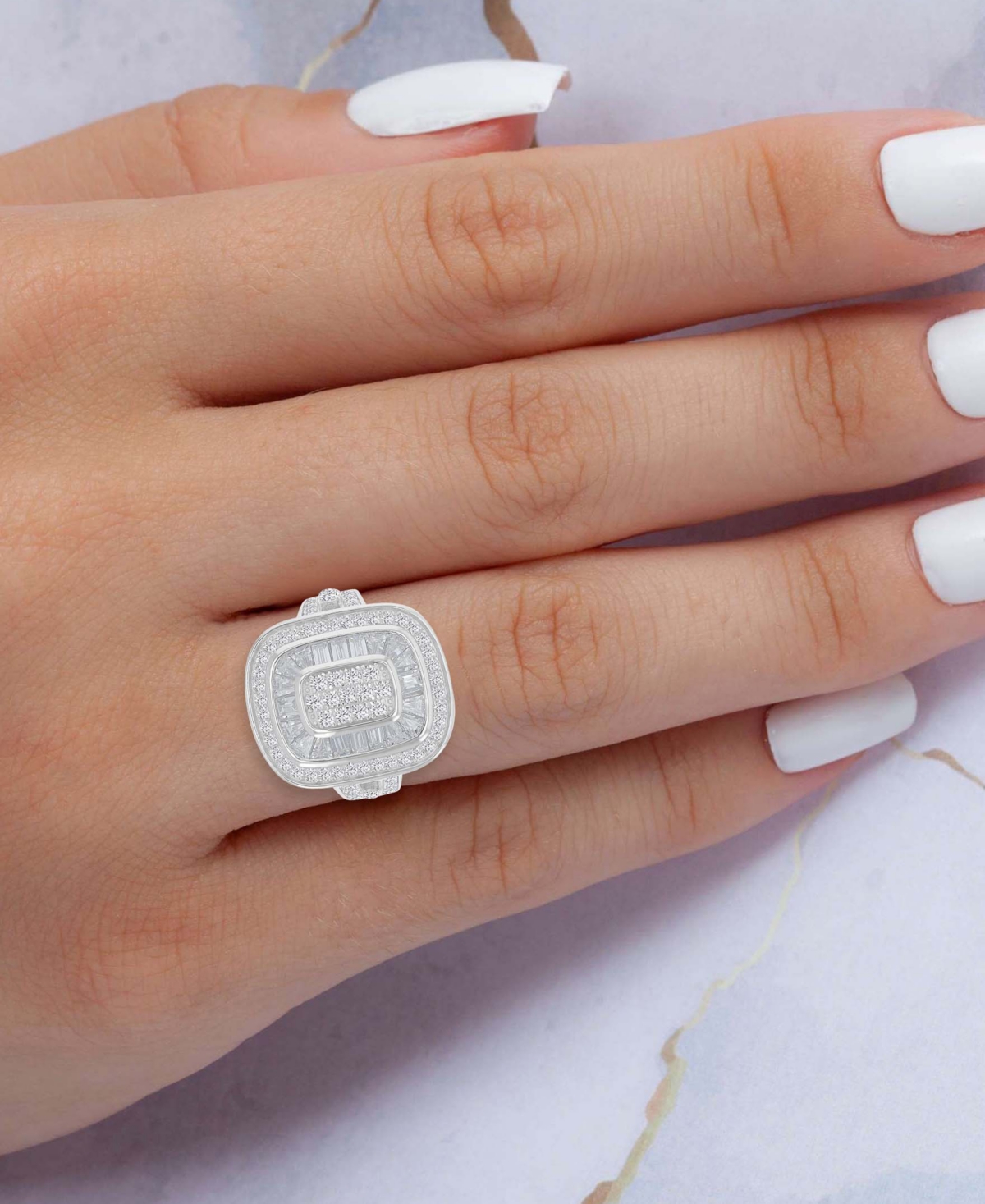Cubic Zirconia Round & Baguette Halo Cluster Statement Ring in Sterling- Silver
