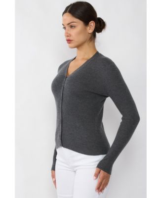 Women's 100% Cashmere V-Neck Cardigan Sweater | Ribbed Tissue Weight Cashmere Sweaters