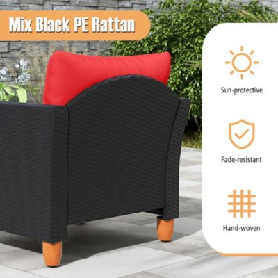 3PCS Patio Rattan Furniture Set Cushioned Sofa Storage Table with Wood Top