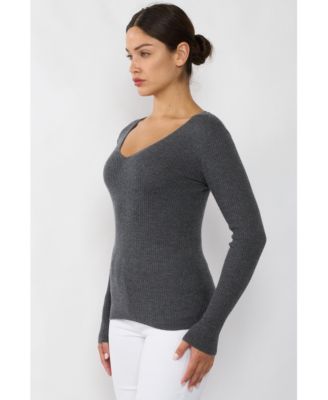 Women's 100% Cashmere V-Neck Sweater | Ribbed Tissue Weight Cashmere Sweaters