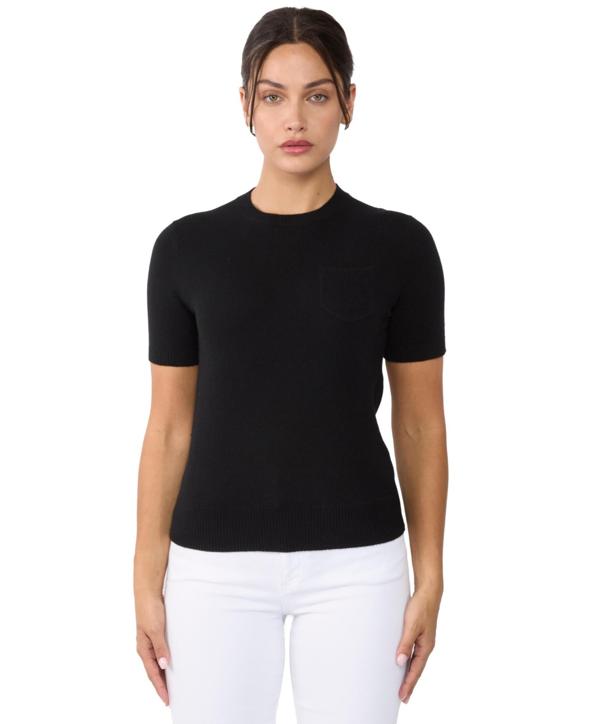 Женские JENNIE LIU Women's 100% Cashmere Crewneck Short Sleeve Sweater — фото 1