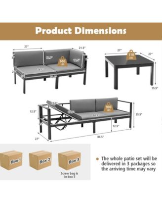 3 Pieces Aluminum Patio Furniture Set with 6-Level Adjustable Backrest