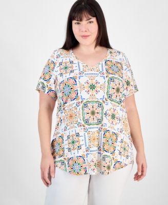 売れ筋商品|||ジェイエムコレクション カットソー トップス レディース Plus Size V-Neck Short-Sleeve Top, Exclusively at Macy's Pink Crystal JM Collection Plus Size V-Neck Short-Sleeve Top, Exclusively