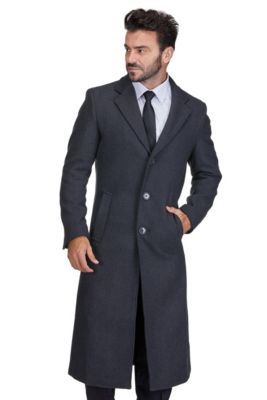 Men's Knee Length Wool Blend Three Button Long Jacket Overcoat Top Coat
