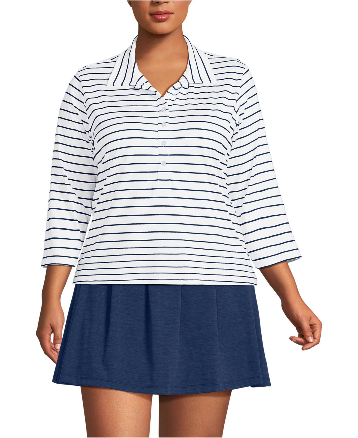 Lands' End Plus Size 3/4 Sleeve Active Polo Shirt -deep sea navy stripes