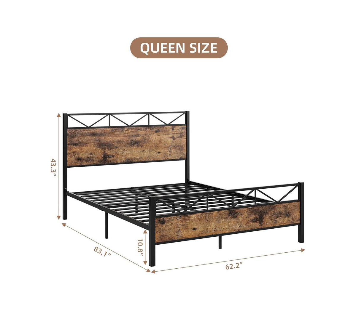 gaomon Size Bed Frame with Headboard, Industrial Platform Bed Frame with 14 Strong Metal Slats Support, 11'' Under-Bed Storage, No Noise