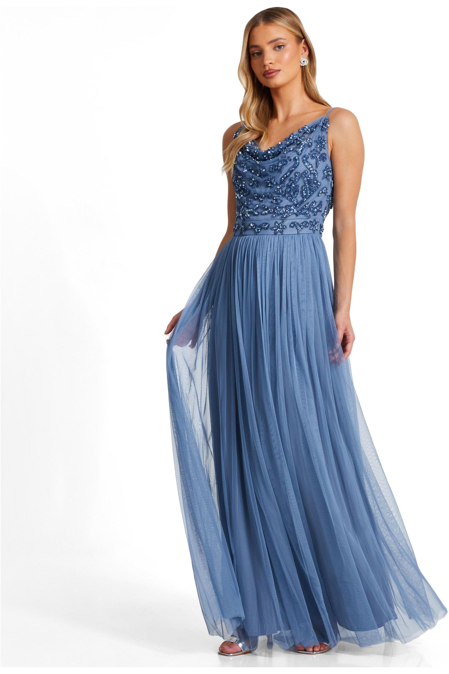 Women's Mesh Cowl Neck Beaded Maxi Dress
