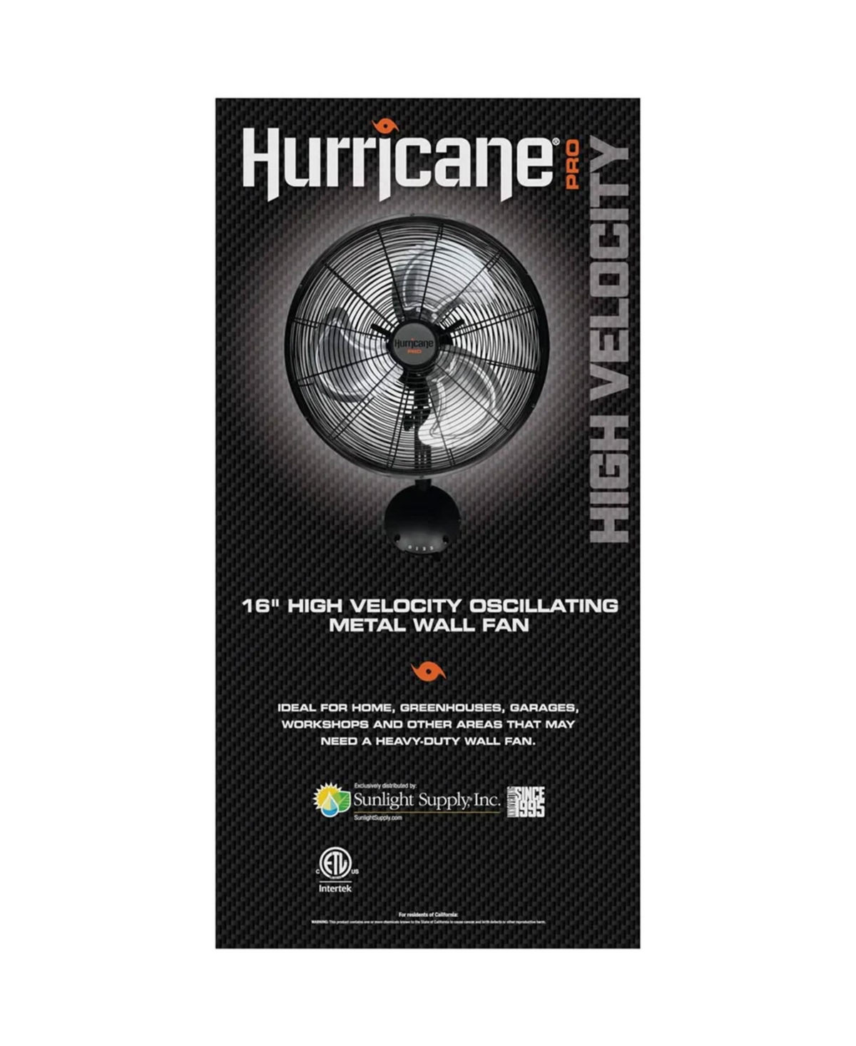 Hurricane 16 Inch Pro High Velocity Oscillating Metal Wall Mount Fan,- Black