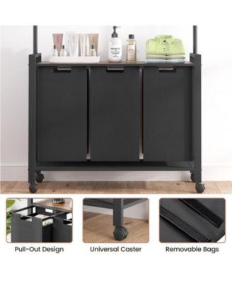 Laundry Sorter 3 Section Laundry Hamper Sorter with Clothes Hanging Rod and Wooden Storage Shelf 3 X 13gal Laundry Basket