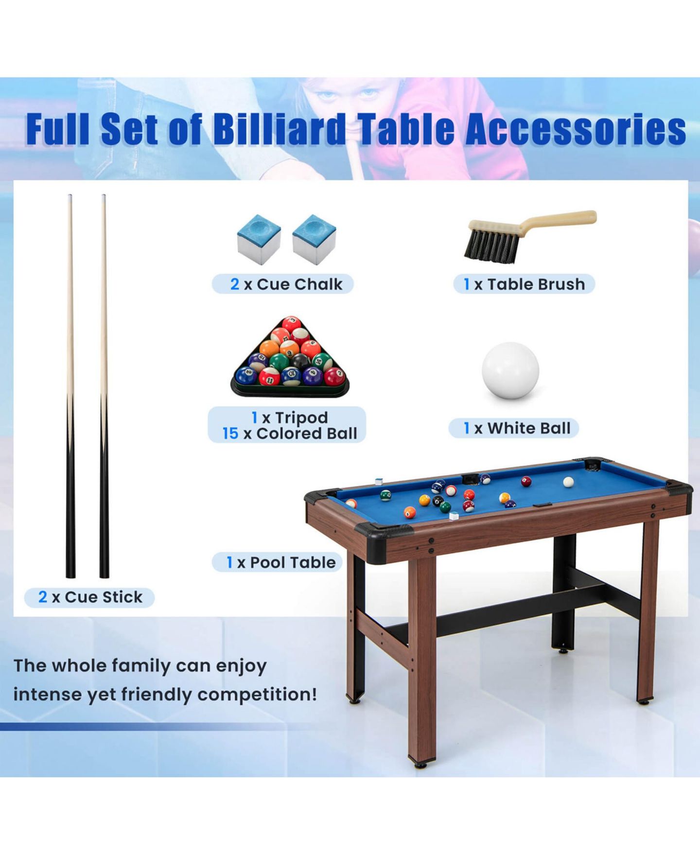 Детские игрушки Costway 48" Pool Table for Kids Adults with Full Set of Balls 2 Cue Sticks 2, цвет: Синий — фото 9