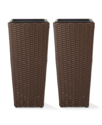 Set of 2 All-Weather Outdoor Planters with Liners - Espresso, Tall Tapered Plant Boxes with Flower Pots