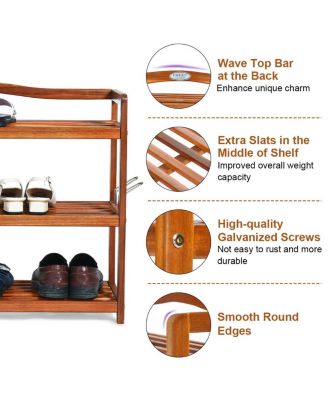 3-Tier Acacia Wood Shoe Rack with Side Metal Hooks