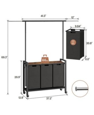 Laundry Sorter 3 Section Laundry Hamper Sorter with Clothes Hanging Rod and Wooden Storage Shelf 3 X 13gal Laundry Basket Organizer for Laundry Room Organization Storage Baskets