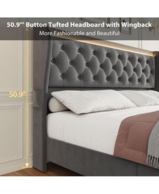 King LED Platform Bed Frame with Charging Station, Velvet Upholstered Bed Frame with Button Wingback Headboard, Metal Frame with No Box Spring Needed