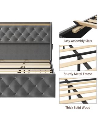 King LED Platform Bed Frame with Charging Station, Velvet Upholstered Bed Frame with Button Wingback Headboard, Metal Frame with No Box Spring Needed
