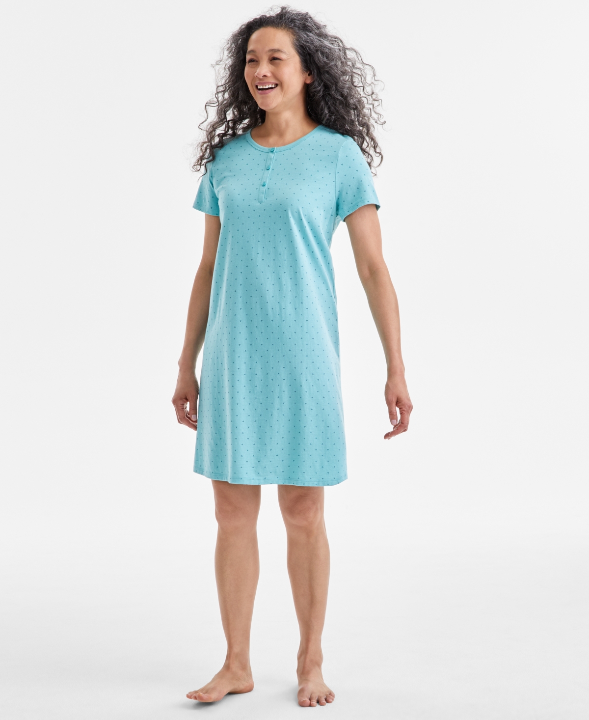 Charter Club Women's Cotton Printed Henley Sleepshirt, Created For Macy's In Dot Trio Willow