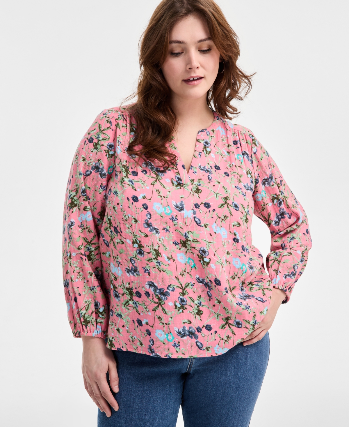 Plus Size Floral-Print Blouse, Exclusively at Macy's - Floral Salmon