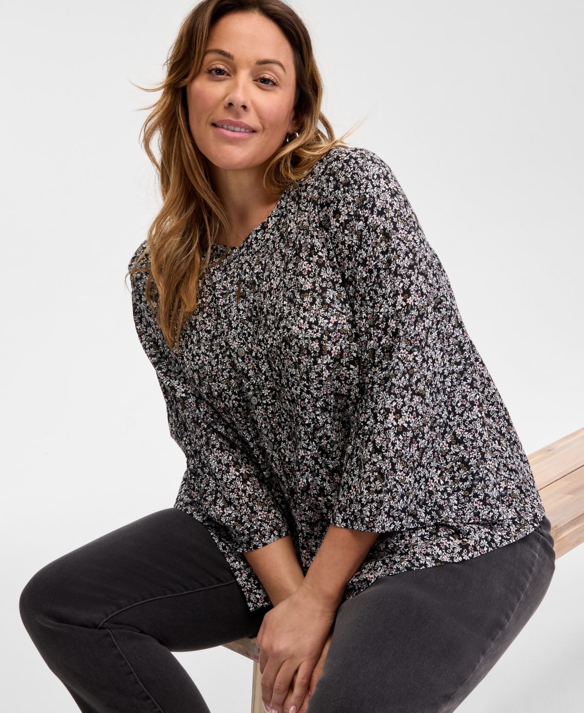 Style & Co Plus Size Printed Pintuck Top, Exclusively At Macy's In Ditsy Deep Black