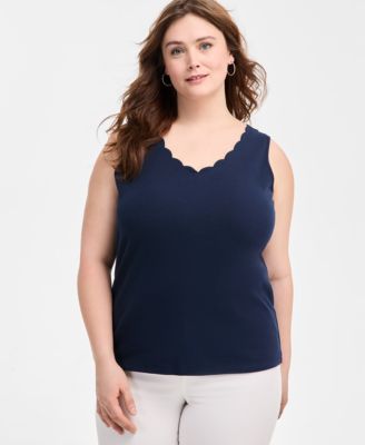 Style & Co - Plus Size Solid-Color Scalloped V-Neck Tank Top