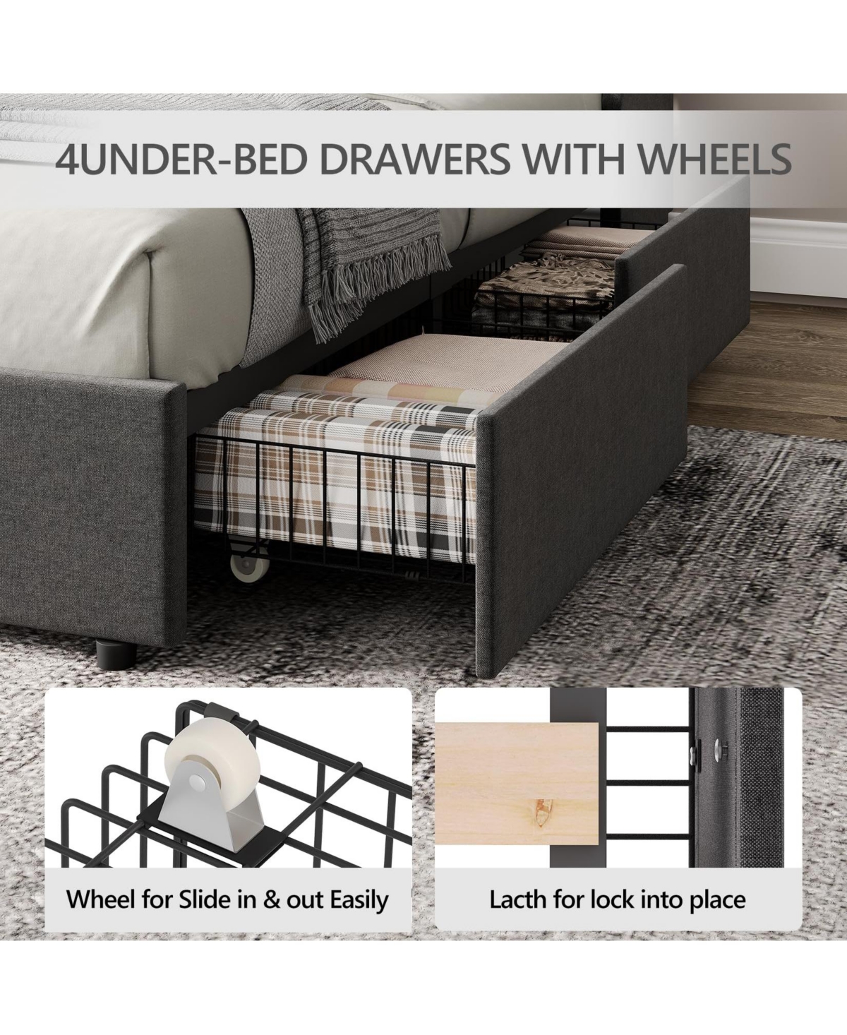 gaomon Bed Frame with 4 Storage Drawers, Platform Bed with Type-c & Usb Port and Charging Station